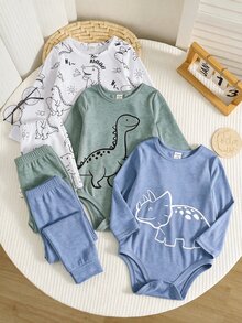 SHEIN 中性嬰兒男孩/女孩 3件組秋冬休閒可愛恐龍圖案長袖連身衣套裝，嬰兒冬季衣物/連身衣，萬聖節 - 彩色 - 查看 1