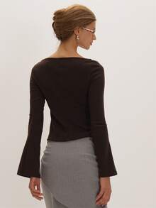 MUSEYN Brown Soft Boat Neck Button Neck Detail Longsleeve Top Versatile Everyday Casual Chic New Season Fall - Coffee Brown - View 4