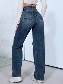 SHEIN ICON 女款性感破洞鈕扣口袋牛仔褲 - 藍色 - 查看 2