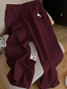 SHEIN EZwear 女款休閒度假寬腿長褲，適合夏季 - 酒紅色 - 查看 1