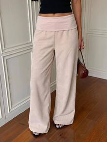 SHEIN EZwear Women's Solid Color Casual Versatile Daily Wear Long Pants - Khaki - View 3
