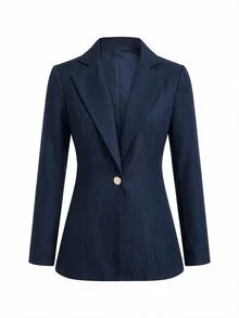 SHEIN Clasi 女款優雅鈕扣長袖夾克與金屬扣長褲套裝 2件組 - 藏蓝色 - 查看 6