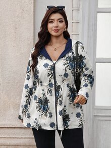 SHEIN Clasi Plus Size Women's Reversible Long Sleeve Zip-Up Drawstring Hooded Jacket - Navy Blue - View 4