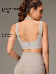 OutZeal Women Sports Bra Gym Workout Yoga Quick-Dry Bra-In Deep V Halter-Neck Bra - Light Grey - View 3