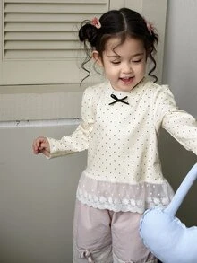 DAZY Infant/Toddler (Girl) Round Neck Polka Dot Korean Style Long Sleeve Top - Apricot - View 4