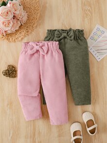 SHEIN Vintaside Kids 2件組幼兒女嬰燈芯絨長褲，可愛甜美粉色與橄欖綠，蝴蝶結羅紋紙袋腰鬆緊褲，正裝款，生日派對秋季保暖公主風假期純色 - 彩色 - 查看 7