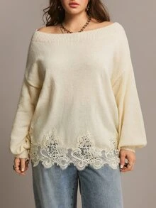 Freevana Plus Size Women's Solid Color Asymmetrical Shoulder Casual Everyday Long Sleeve Sweater - Beige - View 3
