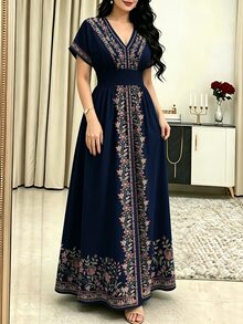 Modelyn 花卉仿刺繡V領短袖收腰長洋裝，舒適夏季女裝，適合日常與外出穿著 - 彩色 - 查看 3