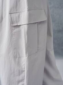PAVTROS Men's Letter Print Drawstring Waist Wide Leg Loose Cargo Pants - Light Grey - View 3