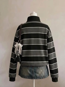 SHEIN EZwear 女款休閒寬鬆立領運動衫，美式復古條紋，女款秋冬服飾 - 彩色 - 查看 2