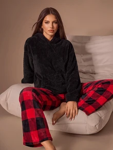 Lazeform American Style Colorblock Plaid Casual Pants With Pure Black Minimalist Top Loungewear Set - Multicolor - View 1