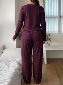 Dazy Plus 2pcs Solid Color Casual Autumn/Winter New Long Pants Loungewear Set - Violet Purple - View 2