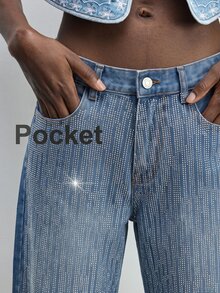 SHEIN MOD Celana Jeans Denim Kasual Longgar Wanita dengan Saku dan Hiasan Berlian Imitasi di Bagian Bawah yang Melengkung - Medium Wash - View 5