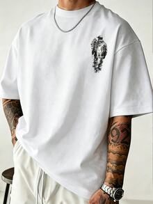 Manfinity Homme 男士大尺碼白色經典街頭風眼睛與哥德字母雙面印花T恤，適合日常穿著與聚會 - 白色 - 查看 2