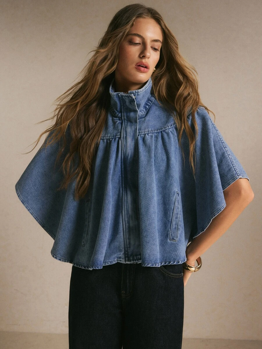 Bohemela Women's Elegant Button-Up Shawl Collar Denim Jacket Street Style - Light Wash - View 1