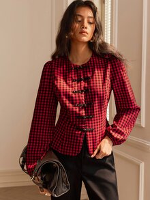 Écloséra 女款紅色格紋燈籠袖青蛙鈕扣襯衫，聖誕襯衫，節日穿搭 - 紅色 - 查看 6