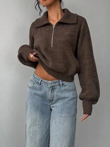 SHEIN BASICS Women's Raglan Long Sleeve Half-Zip Casual Sweatshirt - Coffee Brown - View 3
