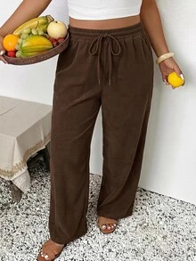 SHEIN Frenchy Plus Size Women's Drawstring Waist Casual Everyday Long Pants - Brown - View 1
