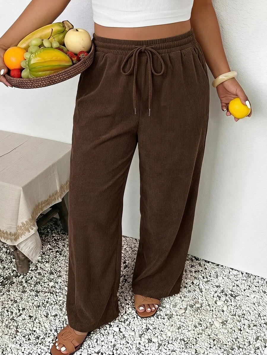 SHEIN Frenchy Plus Size Women's Drawstring Waist Casual Everyday Long Pants - Brown - View 1
