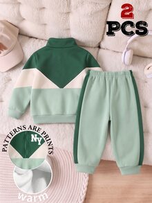 Baby Boys NY Letter Graphic Colorblock Quarter Zip Sweatshirt And Sweatpants 2 Pieces Outfit Set - Multicolor - View 2