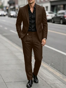 Manfinity Mode 男士修身西裝套裝，優雅黑色夏季正式兩件式西裝外套與長褲，適用晚餐、商務、婚禮、老錢風經典西裝、儀式 - 棕色 - 查看 1