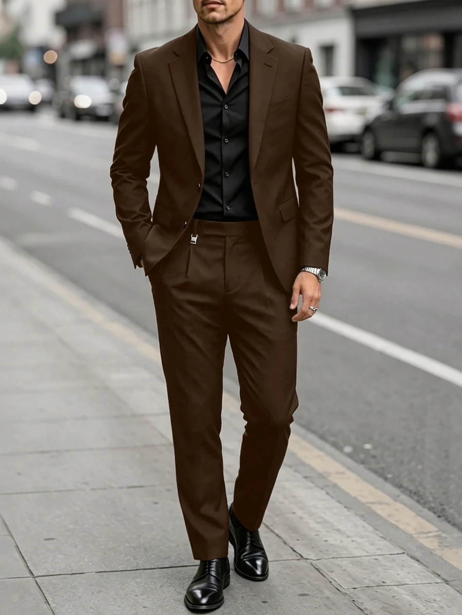 Manfinity Mode 男士修身西裝套裝,優雅黑色夏季正式兩件式西裝外套與長褲,適用晚餐、商務、婚禮、老錢風經典西裝、儀式 - 棕色 - 查看 1