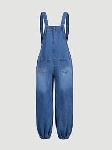 LUMIGAL Plus Size Vacation Button Denim Overalls For Daily Wear - Blue - View 4