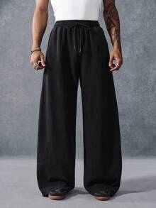 PAVTROS Men's Halloween American Vintage Washed Embroidered Wide Leg Black Sweatpants, Goth - Black - View 4