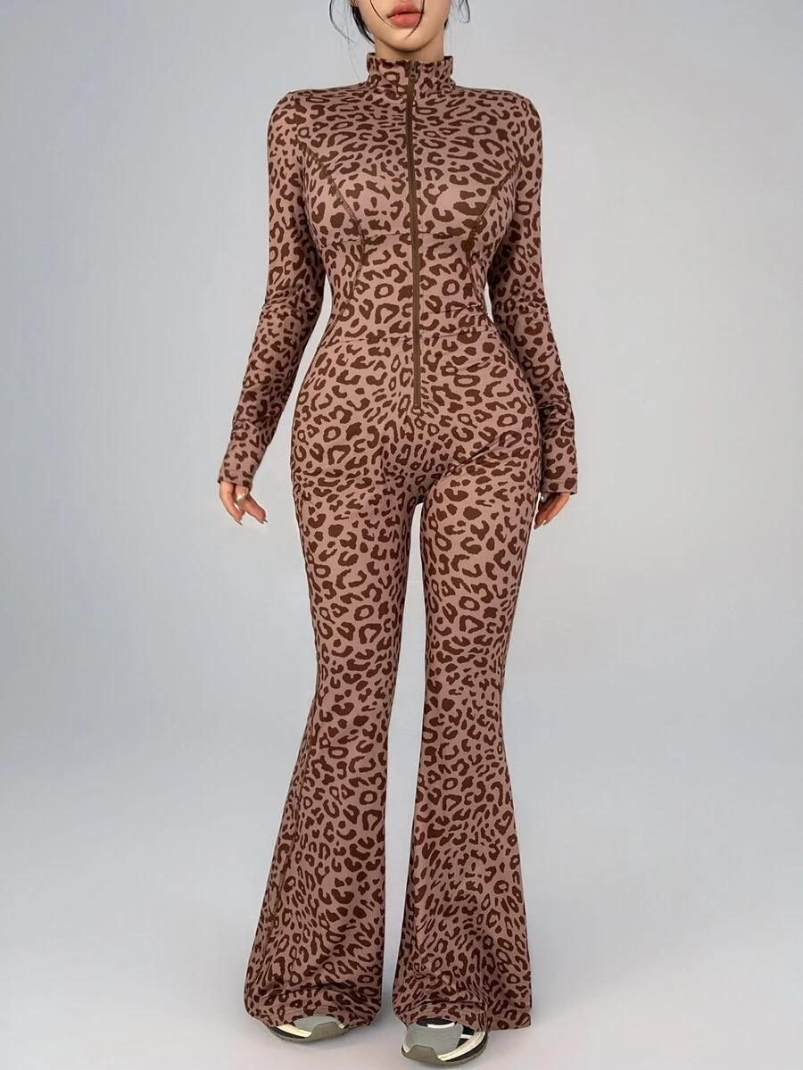 DAZY Women's Leopard Print Fitted Zip-Up Jumpsuit - Brown - View 1