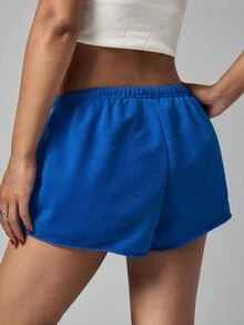 SHEIN PETITE 女款純色鬆緊腰寬鬆休閒短褲 - 水鴨藍 - 查看 2