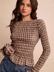 Poéselle 女款格紋百褶休閒百搭日常通勤襯衫 - 卡其色 - 查看 1
