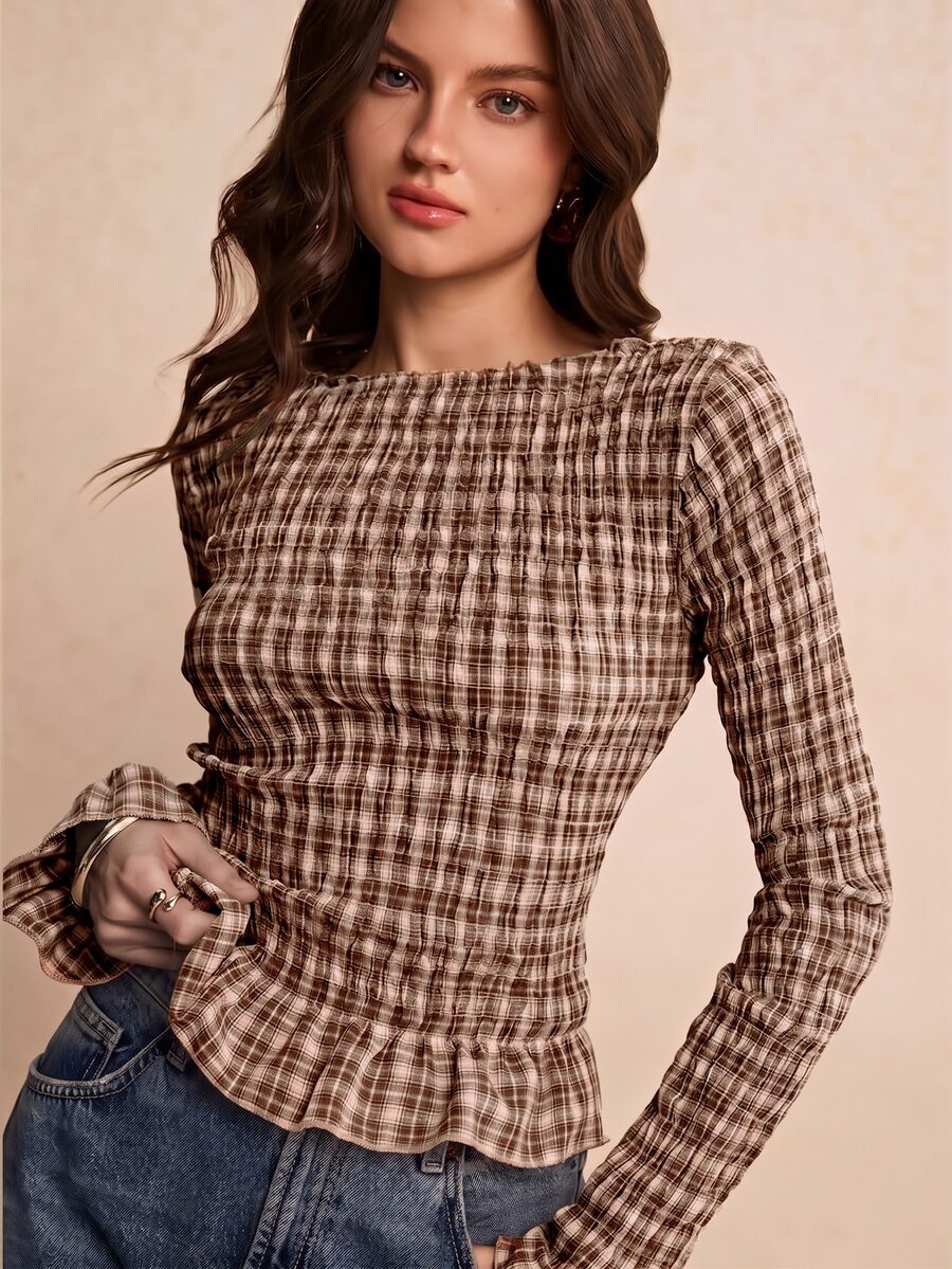 Poéselle 女款格紋百褶休閒百搭日常通勤襯衫 - 卡其色 - 查看 1