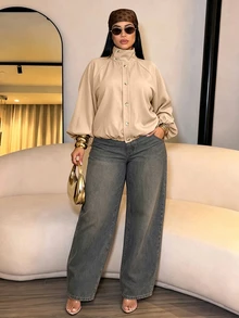 SOLERSUN 大尺碼女款極簡廓形立領燈籠袖輕量飛行夾克，百搭時尚外套 - 卡其色 - 查看 3