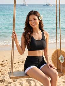 DAZY 女款夏季海灘純色分體式泳衣套裝，包含坦克背心式泳衣上衣與短褲，2件組 - 黑色 - 查看 3