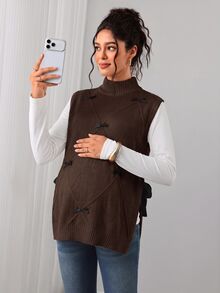 Momance Maternity Sweater Vest, Loose Fit, Small High Neck With Bowknot Accessory, Split Hem Design, Casual Daily Wear, Round Neck Pullover Knit Vest - Brown - View 6