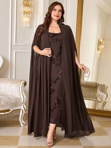 Reflora Plus Size Embroidered Cami Dress With Cardigan Set - Brown - View 1