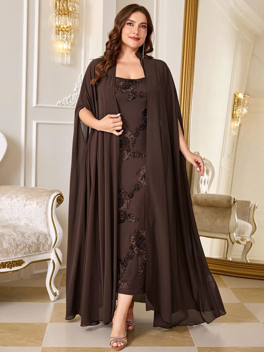 Reflora Plus Size Embroidered Cami Dress With Cardigan Set - Brown - View 1