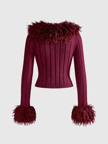ROMWE Grunge Punk Burgundy Gold & Silver Metallic Thread Trim Fur Collar Slim Fit V-Neck Women's Cardigan - Burgundy - View 2