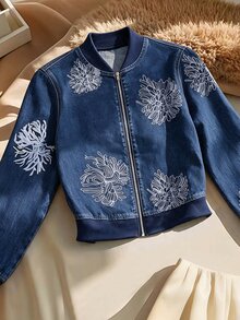 GlowEve Fall Casual Vintage Loose Zip Up Embroidered Flower Blue Denim Going Out Denim Top For Women - Blue - View 1