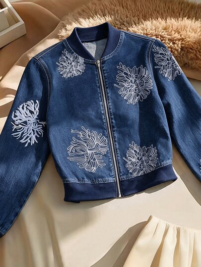 GlowEve Fall Casual Vintage Loose Zip Up Embroidered Flower Blue Denim Going Out Denim Top For Women