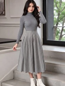 SHEIN Tween女孩 學院風千鳥格休閒百褶裙 - 黑與白 - 查看 8