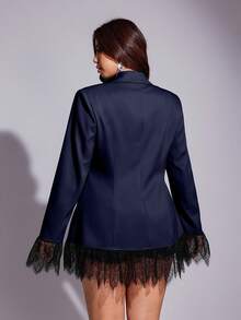 Viva Relle Blazer Elegan Wanita Ukuran Plus dengan Kerah Berenda Kontras - Navy Blue - View 6