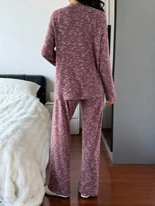 DAZY Women's Tie-Dye Long Sleeve Robe, Round Neck Tank Top And Pants Casual Pajama Set - Burgundy - View 2