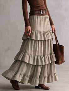 INAWLY Solva Women's Plaid Pleated Casual Versatile Skirt - Khaki - View 4
