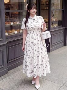 Bijouette 大尺碼女款春夏碎花抽繩蝴蝶結裝飾喇叭裙，收腰修身百搭長洋裝 - 藍色 - 查看 6
