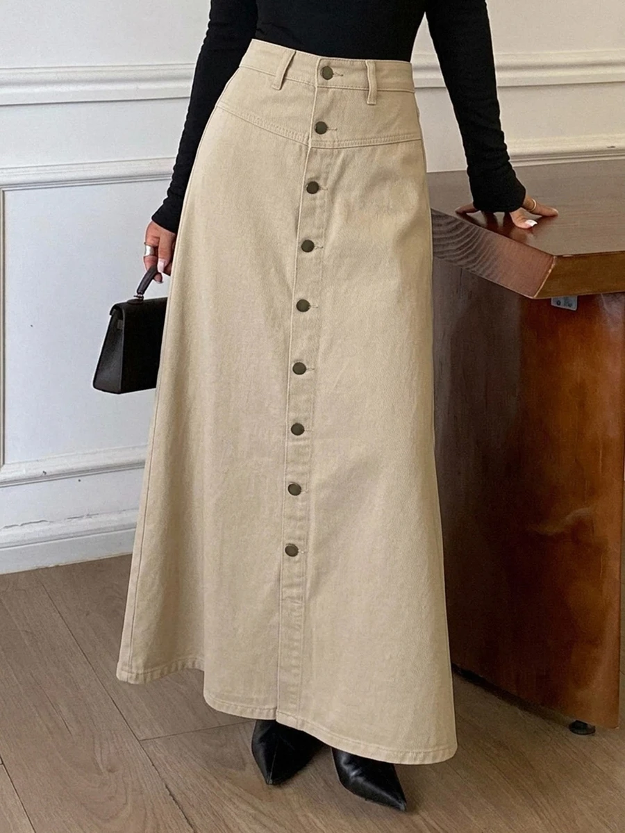 DAZY Women's Single-Breasted Decorative Long A-Line Denim Skirt, Casual Urban Style - Khaki - View 1