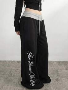 SHEIN Teen Girl Drawstring Waist Letter Pattern Casual Everyday Sweatpants - Multicolor - View 4