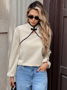 Serisse بلوزة نسائية أنيقة بأكمام طويلة مع تصميم أزرار الضفدع وحواف مطرزة، خريف/شتاء أنيقة رسمية فاخرة أعمال شيك أساسية عيد الميلاد - لون مشمشي - مشاهدة 5