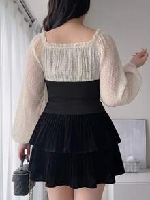 Dazy Plus Colorblock Patchwork Chiffon Polka Dot Sexy Korean Style Long Sleeve Design T-Shirt - Black - View 2