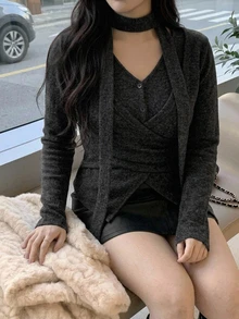 Dazy Plus Korean Style Solid Color Casual Long Sleeve T-Shirt With Tie Straps - Dark Grey - View 3